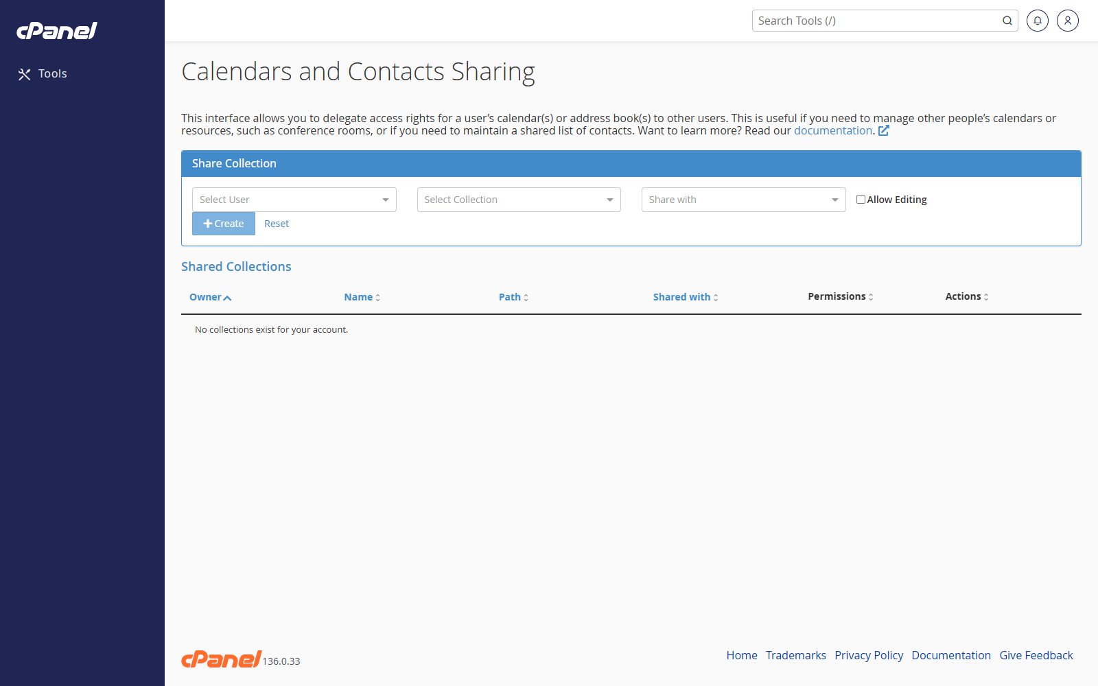 Calendars and Contacts Sharing screen in cPanel