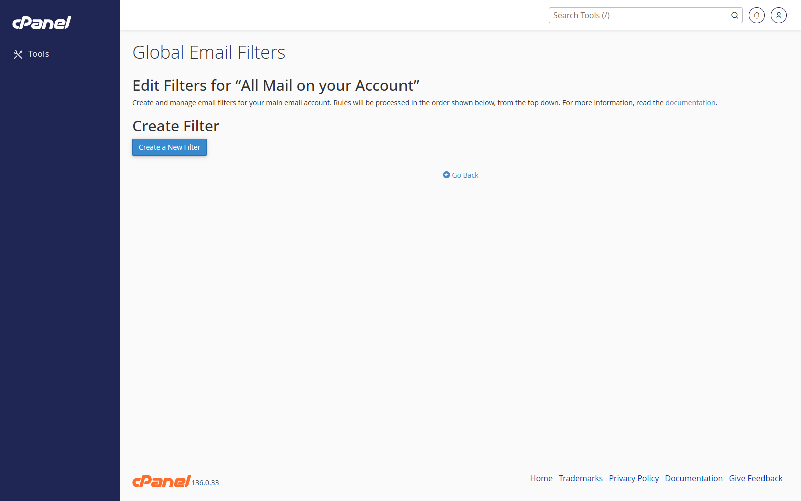 Global Email Filters screen in cPanel