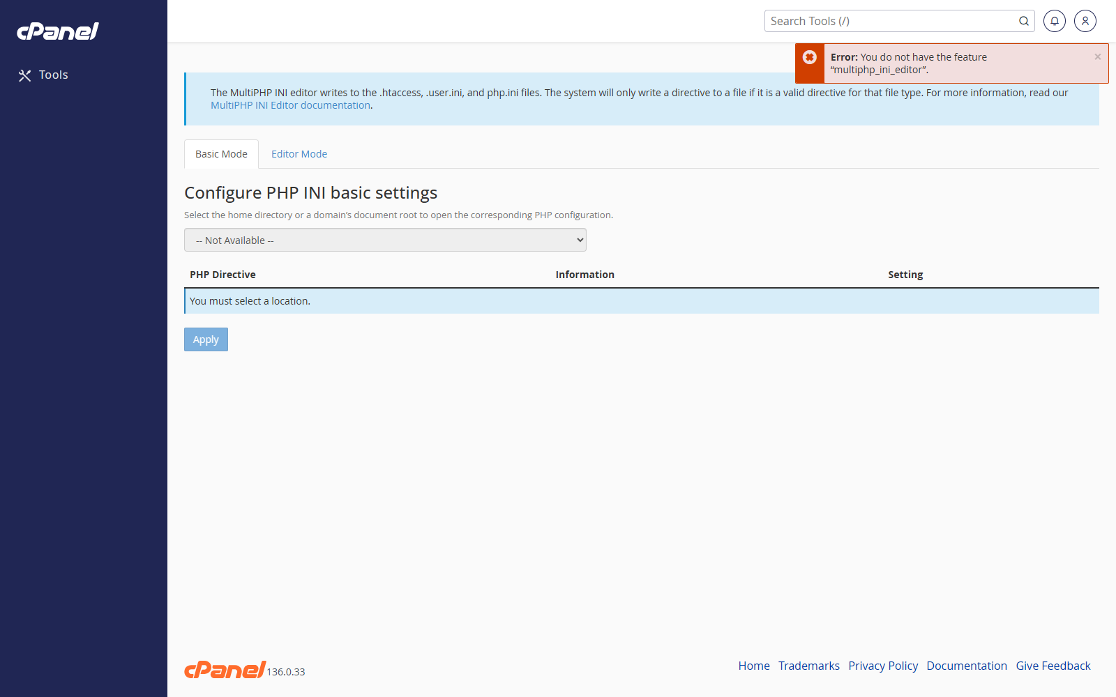 MultiPHP INI Editor screen in cPanel
