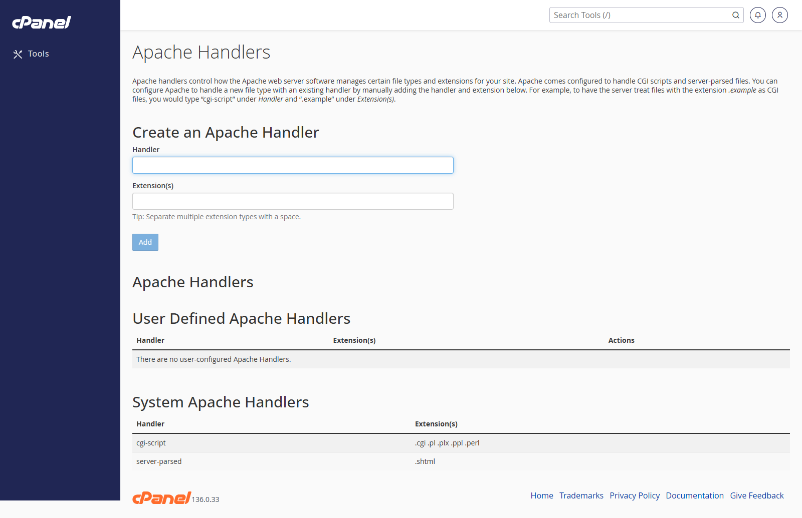 Add Apache Handler form