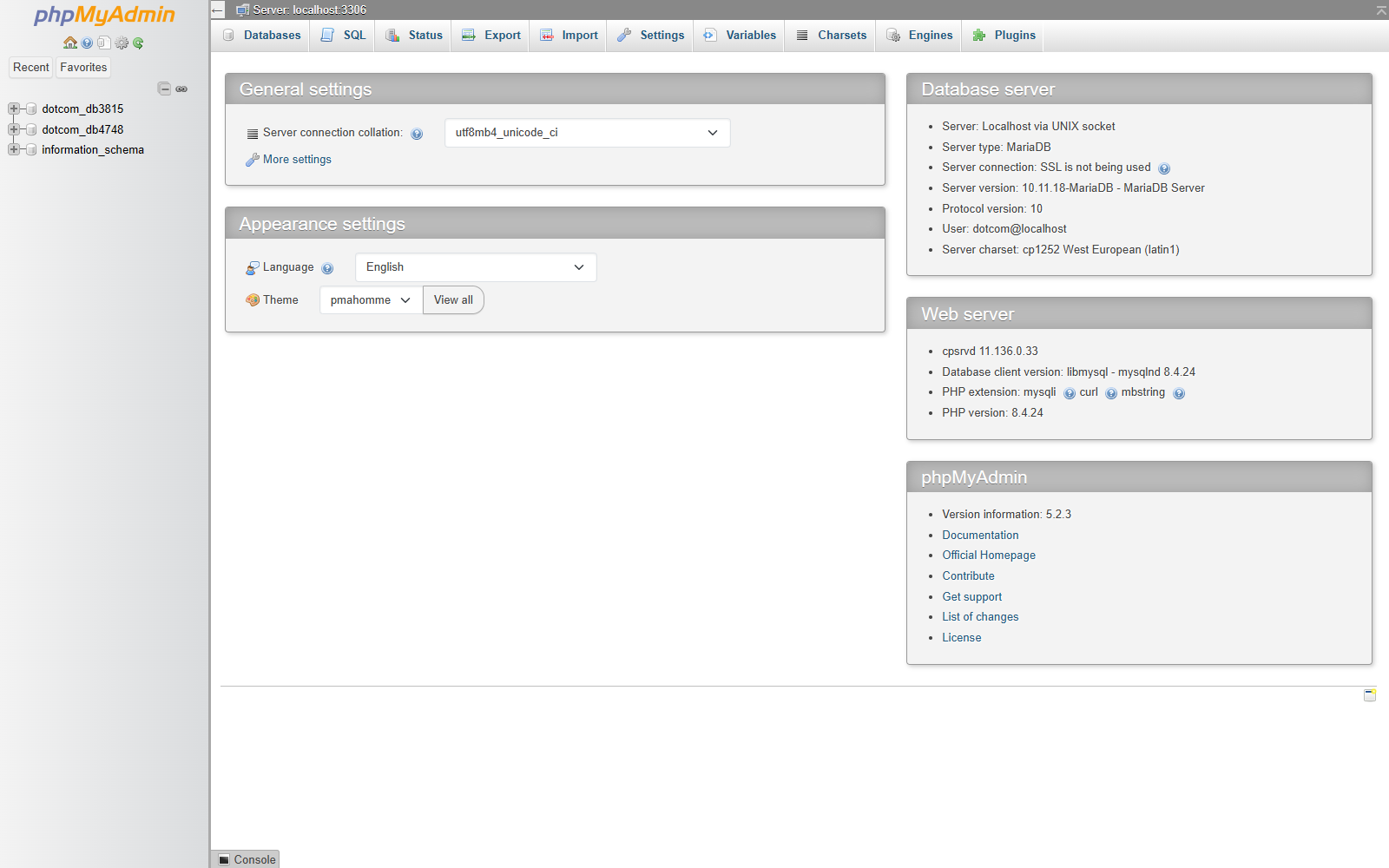 phpMyAdmin main screen
