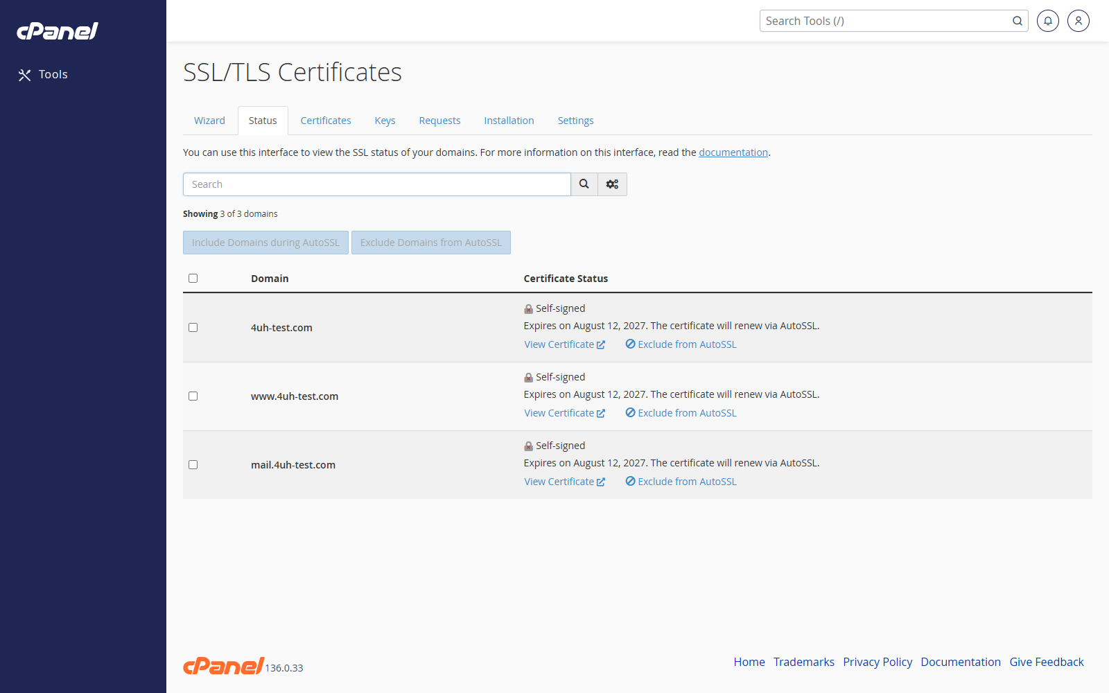 SSL/TLS Certificates status tab in cPanel